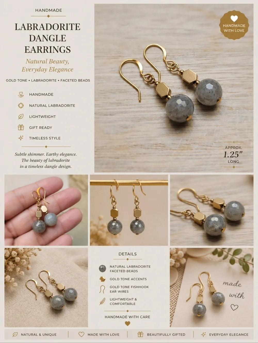 Handmade Labradorite Faceted Bead Dangle Earrings Gold Tone Hooks ~ 1.25
